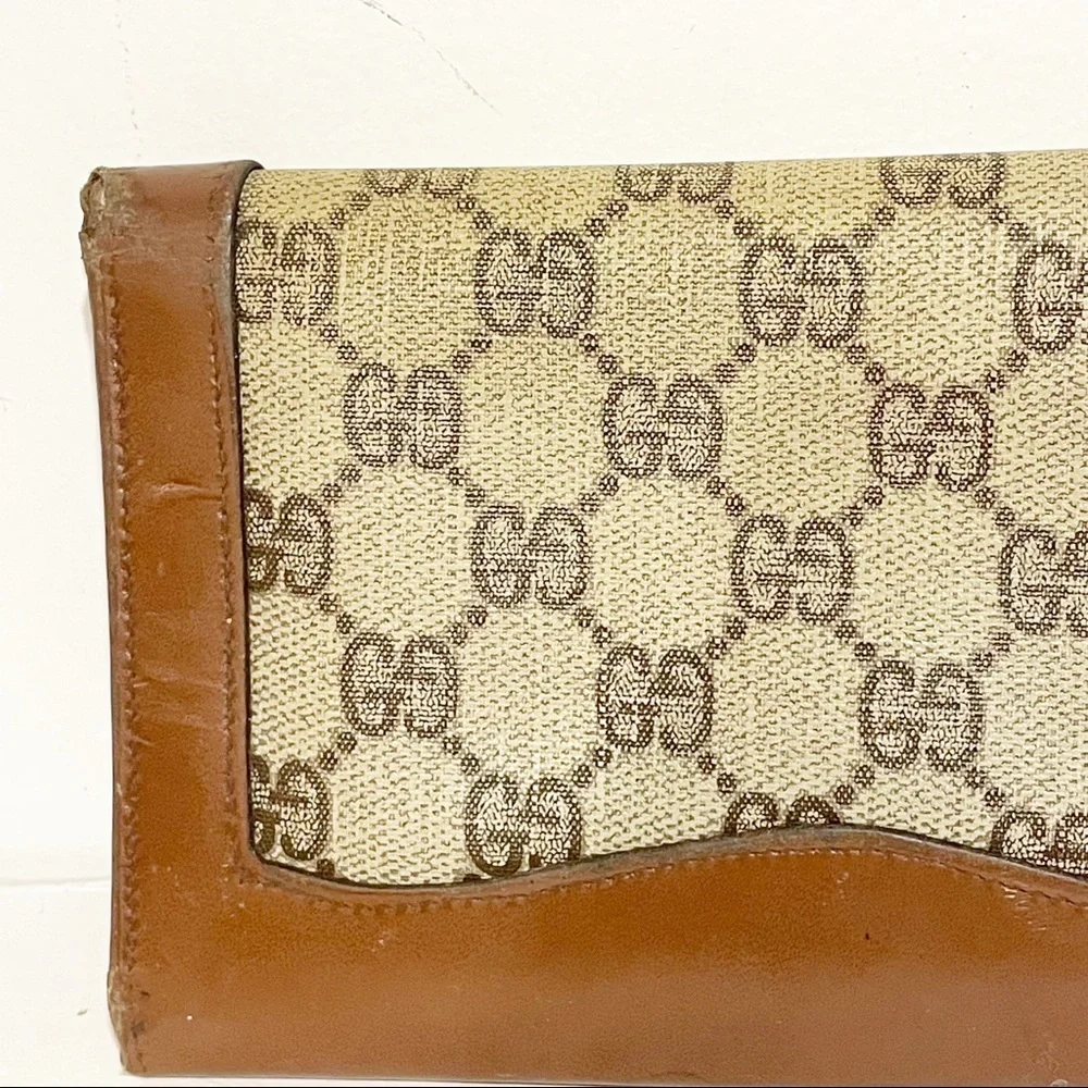 Gucci Vintage Brown Leather Cloth Wallet‎ Check Holder Snap Zipper